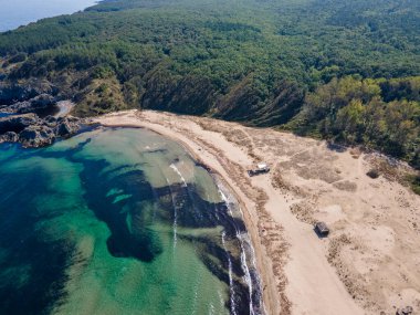 Bulgaristan 'ın Burgaz Bölgesi' nin Rezovo kasabası yakınlarındaki Silistar plajının hava manzarası