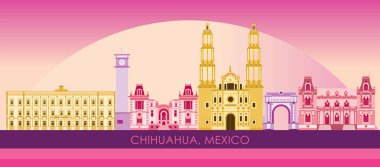 Meksika, Chihuahua şehrinin günbatımı Skyline panoraması - vektör illüstrasyonu