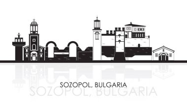 Bulgaristan 'ın Sozopol kentinin siluet Skyline panoraması - vektör illüstrasyonu