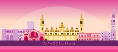 Zaragoza 'nın günbatımı Skyline panoraması, Aragon, İspanya - vektör illüstrasyonu