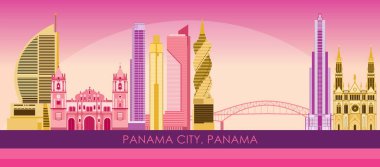 Panama, Panama 'nın Sunset Skyline Panoraması - vektör illüstrasyonu