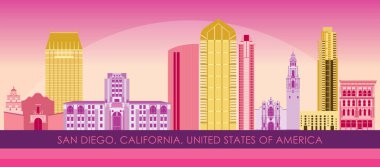 San Diego, Kaliforniya 'nın Sunset Skyline Panoraması - vektör illüstrasyonu