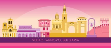 Bulgaristan 'ın Veliko Tarnovo kentinin Sunset Skyline panoraması - vektör illüstrasyonu