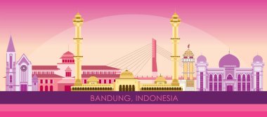 Endonezya 'nın Bandung şehrinin Sunset Skyline panoraması - vektör illüstrasyonu