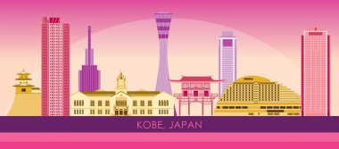 Japonya 'nın Kobe şehrinin Sunset Skyline panoraması - vektör illüstrasyonu