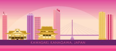 Japonya, Kanagawa, Kawasaki şehrinin Sunset Skyline panoraması - vektör illüstrasyonu