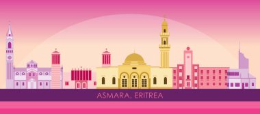 Asmara, Eritre şehrinin Sunset Skyline panoraması - vektör illüstrasyonu