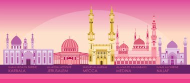 En Ünlü Camilerin Günbatımı Skyline Panoraması - vektör illüstrasyonu