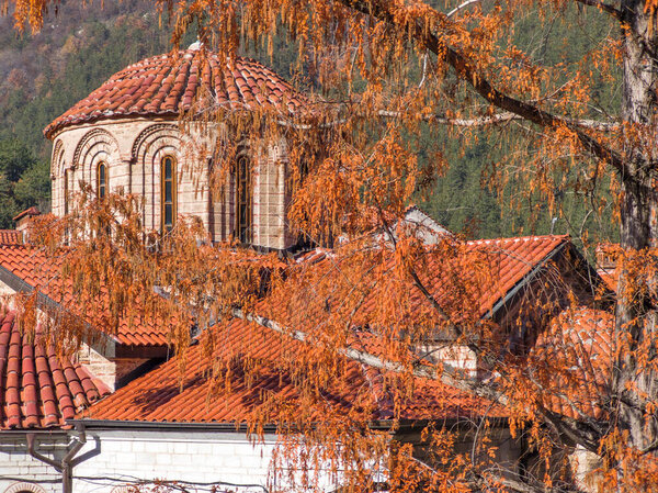 Autumn view of Medieval Bachkovo Monastery Dormition of the Mother of God, Plovdiv Region, Bulgaria