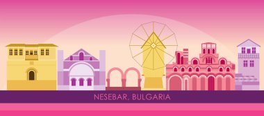 Bulgaristan 'ın Nessebar kentinin Sunset Skyline panoraması - vektör illüstrasyonu