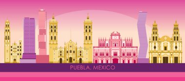Puebla, Meksika 'nın Sunset Skyline panoraması - vektör illüstrasyonu