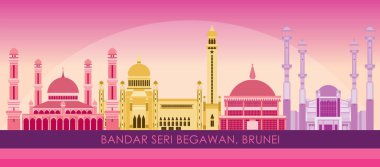 Bandar Seri Begawan, Brunei 'nin günbatımı Skyline panoraması - vektör illüstrasyonu