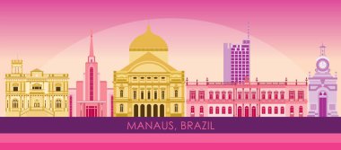 Brezilya 'nın Manaus şehrinin Sunset Skyline panoraması - vektör illüstrasyonu