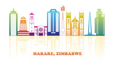 Harare, Zimbabve şehrinin renkli Skyline panoraması - vektör illüstrasyonu