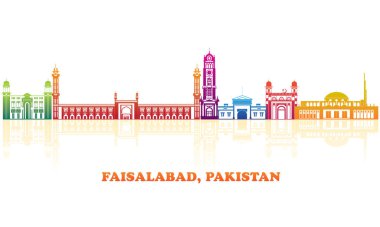 Pakistan, Faisalabad şehrinin renkli Skyline panoraması - vektör illüstrasyonu