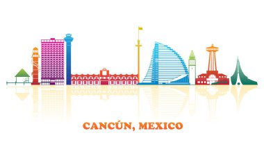 Meksika, Cancun şehrinin renkli Skyline panoraması - vektör illüstrasyonu