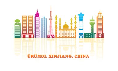 Urumqi, Xinjiang, Çin 'in renkli Skyline panoraması - vektör illüstrasyonu