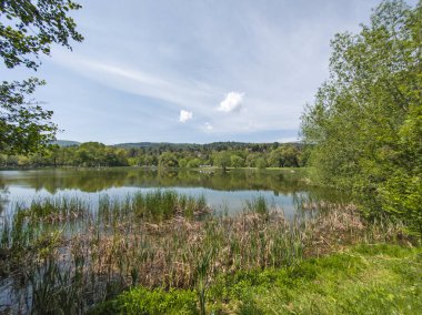 Bulgaristan 'ın başkenti Sofya' nın Pancharevo Gölü yakınlarındaki Iskar Nehri 'nin Bahar Manzarası