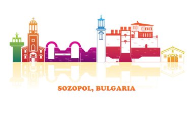 Bulgaristan 'ın Sozopol kentinin renkli Skyline panoraması - vektör illüstrasyonu