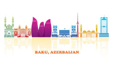 Azerbaycan 'ın Bakü şehrinin renkli Skyline panoraması - vektör illüstrasyonu