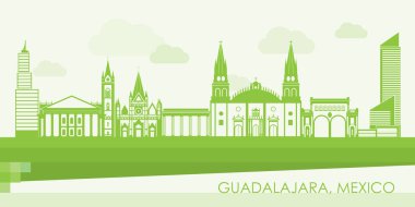 Meksika, Guadalajara şehrinin Yeşil Skyline panoraması - vektör illüstrasyonu