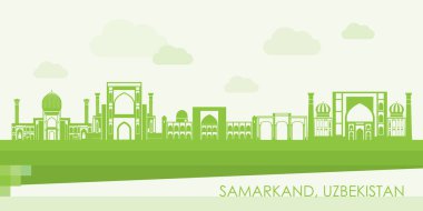 Özbekistan Semerkand şehrinin Yeşil Skyline panoraması - vektör illüstrasyonu
