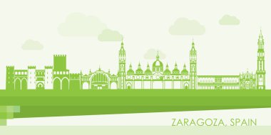 Zaragoza 'nın Yeşil Skyline panoraması, Aragon, İspanya - vektör illüstrasyonu