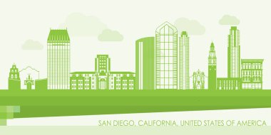 San Diego, Kaliforniya 'nın Yeşil Skyline panoraması - vektör illüstrasyonu