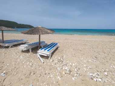 Yunanistan 'ın İyon Adaları' ndaki Agios Ioannis plajı yakınlarındaki Lefkada Panoraması