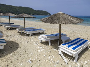 Yunanistan 'ın İyon Adaları' ndaki Agios Ioannis plajı yakınlarındaki Lefkada Panoraması