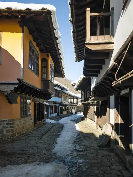 ETAR, GABROVO, BULGARIA - 2 Ocak 2025: Bulgaristan 'ın Gabrovo kenti yakınlarındaki Etara Etnoğrafya Köyü' nün kış manzarası