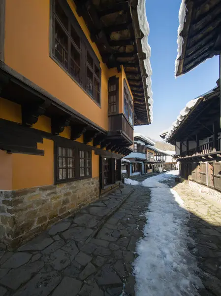 ETAR, GABROVO, BULGARIA - 2 Ocak 2025: Bulgaristan 'ın Gabrovo kenti yakınlarındaki Etara Etnoğrafya Köyü' nün kış manzarası