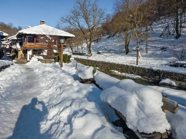 ETAR, GABROVO, BULGARIA - 2 Ocak 2025: Bulgaristan 'ın Gabrovo kenti yakınlarındaki Etara Etnoğrafya Köyü' nün kış manzarası