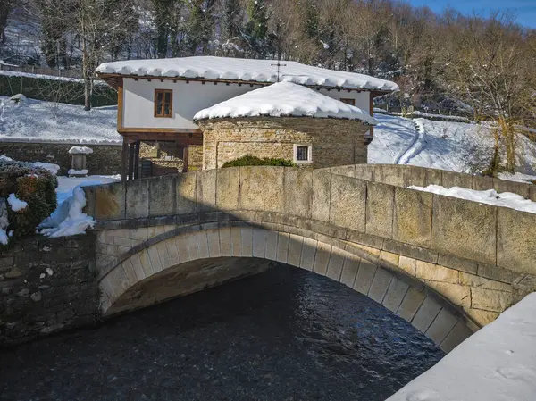 ETAR, GABROVO, BULGARIA - 2 Ocak 2025: Bulgaristan 'ın Gabrovo kenti yakınlarındaki Etara Etnoğrafya Köyü' nün kış manzarası