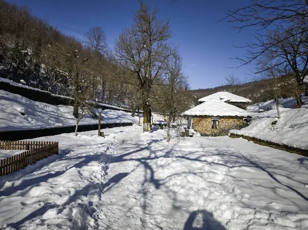 ETAR, GABROVO, BULGARIA - 2 Ocak 2025: Bulgaristan 'ın Gabrovo kenti yakınlarındaki Etara Etnoğrafya Köyü' nün kış manzarası