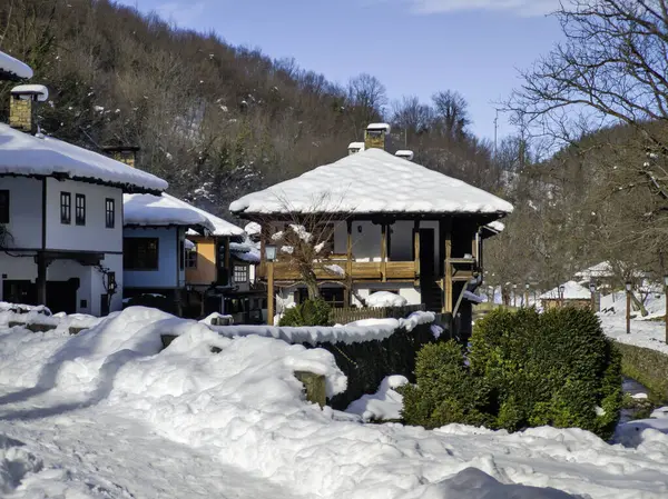 ETAR, GABROVO, BULGARIA - 2 Ocak 2025: Bulgaristan 'ın Gabrovo kenti yakınlarındaki Etara Etnoğrafya Köyü' nün kış manzarası