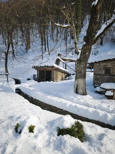 ETAR, GABROVO, BULGARIA - 2 Ocak 2025: Bulgaristan 'ın Gabrovo kenti yakınlarındaki Etara Etnoğrafya Köyü' nün kış manzarası