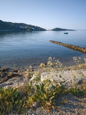 Skiathos Town, Sporades, Thessaly, Yunanistan 'ın sahil sokağından Panorama