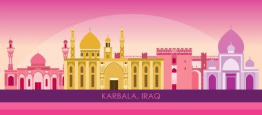 Irak, Karbala şehrinin Sunset Skyline panoraması - vektör illüstrasyonu