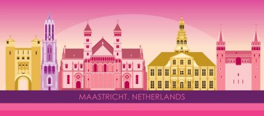Hollanda 'nın Maastricht şehrinin Sunset Skyline panoraması - vektör illüstrasyonu