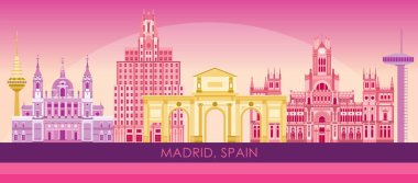 Madrid, İspanya 'nın Sunset Skyline panoraması - vektör illüstrasyon
