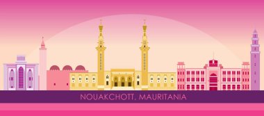 Moritanya 'nın Nouakchott şehrinin Sunset Skyline panoraması - vektör illüstrasyonu