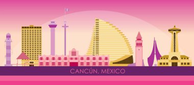 Meksika, Cancun şehrinin Sunset Skyline panoraması - vektör illüstrasyonu