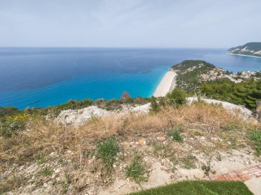 Yunanistan, İyon Adaları, Milos plajı yakınlarındaki Lefkada 'nın şaşırtıcı Panoraması