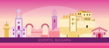 Bulgaristan 'ın Sozopol kentinin Sunset Skyline panoraması - vektör illüstrasyonu