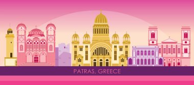 Yunanistan 'ın Patras kentinin Sunset Skyline panoraması - vektör illüstrasyonu