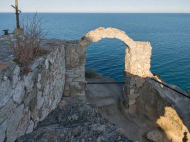 Bulgaristan 'ın Kaliakra Burnu, Dobrich Bölgesi' ndeki Karadeniz kıyısı ve Antik kalıntıları
