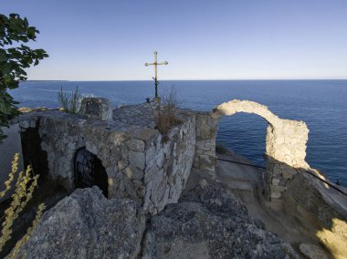 Bulgaristan 'ın Kaliakra Burnu, Dobrich Bölgesi' ndeki Karadeniz kıyısı ve Antik kalıntıları