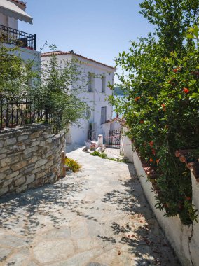 Skiathos Town, Sporades, Thessaly, Yunanistan 'ın inanılmaz kıyı şeridi manzarası