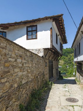 Bulgaristan 'ın Blagoevgrad bölgesindeki Otantik 19. yüzyıl evleriyle Dolen Köyü manzarası